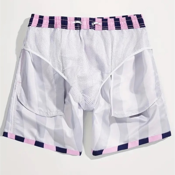 BNWT Isabelle LaRue Men's Blue and Pink Stripe Swim Shorts - Picture 4 of 4